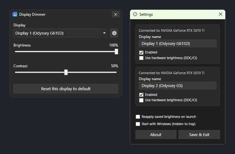 Display Dimmer 1.0.0 with brightness and contrast sliders, and its original per-display settings window.
