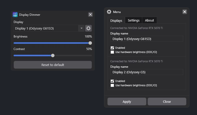 Display Dimmer 2.0.0 in its original Dark theme, with the redesigned main window and per-display Settings window.