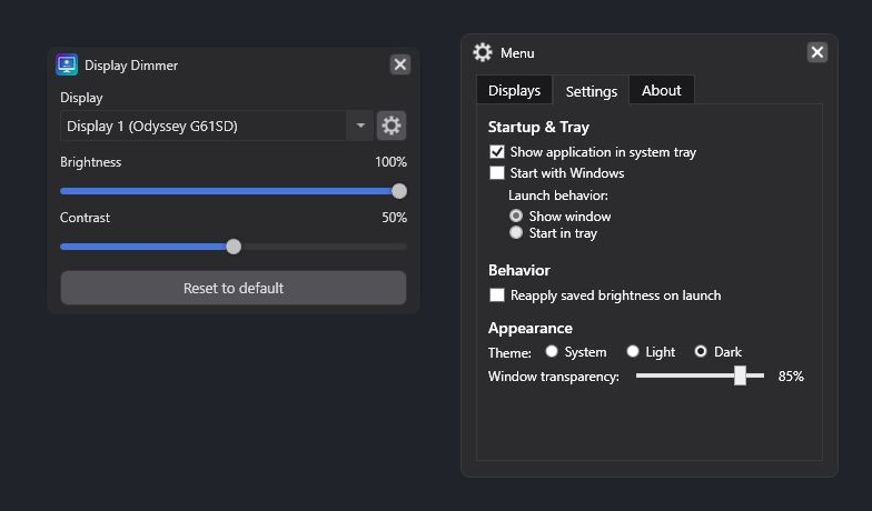 Display Dimmer 2.0.0 in its original Dark theme, with its main window and Settings tab showing launch behavior, themes and opacity.