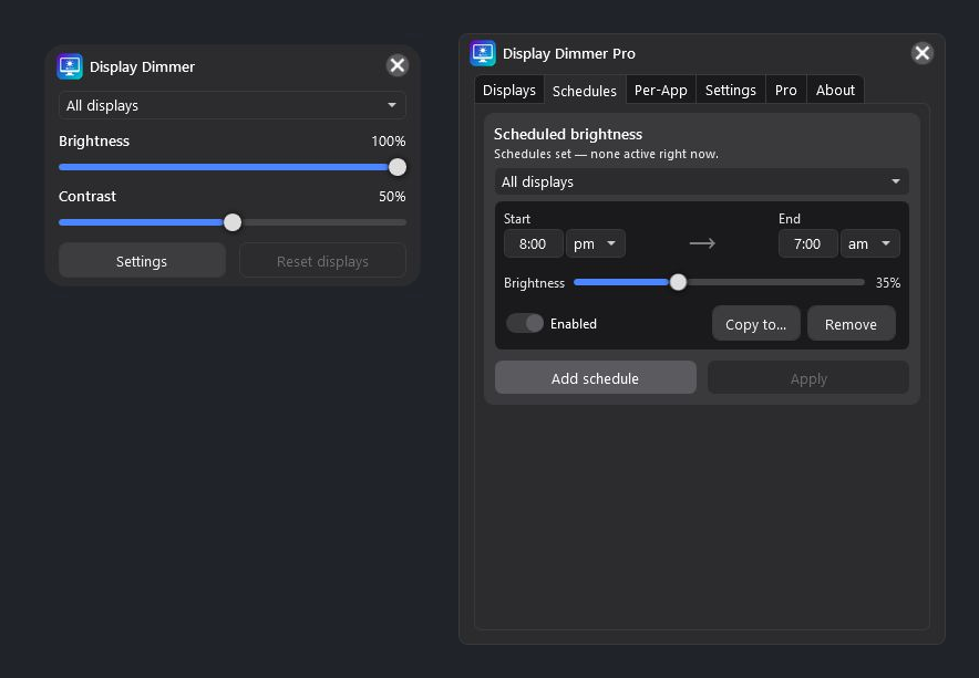 Display Dimmer 2.1.13 in Dark theme, with its main window and Schedules tab showing an example overnight brightness schedule.