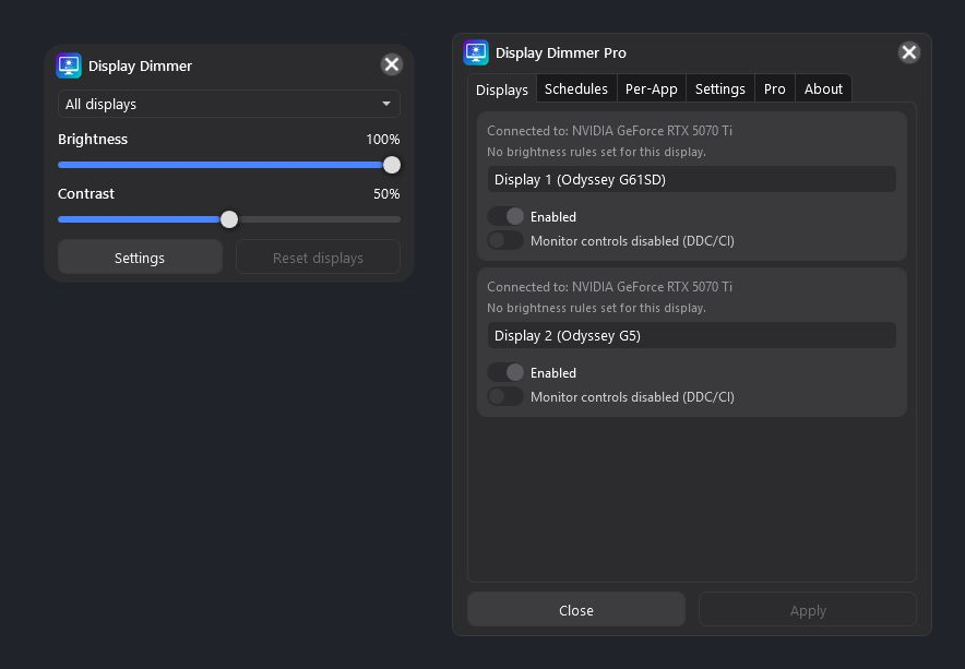 Display Dimmer 2.1.13 in Dark theme, with its main window and Displays settings.