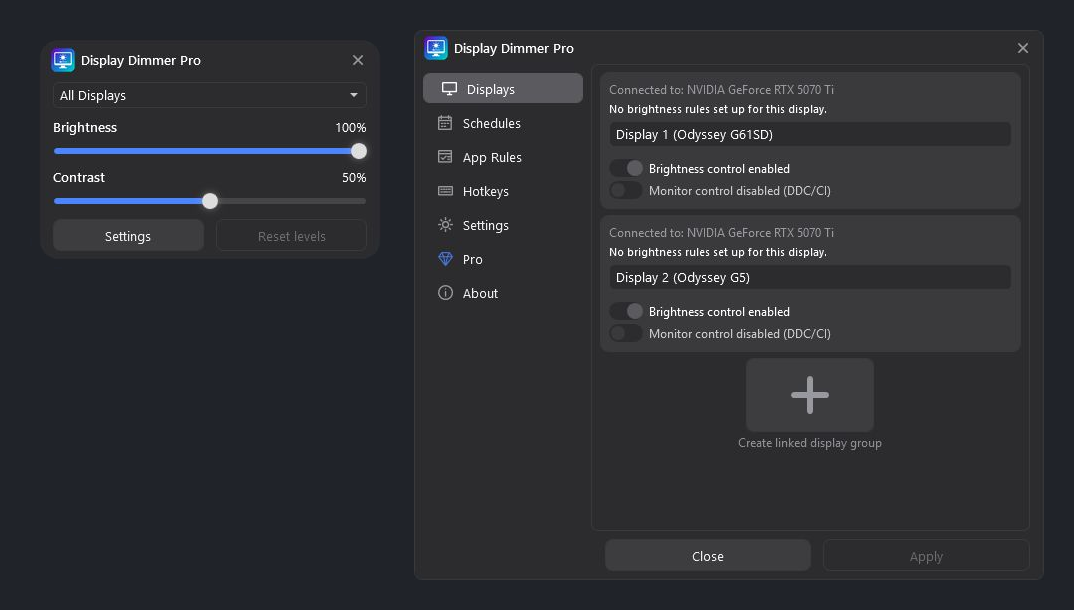 Display Dimmer 2.2.0 in Dark theme, with the main window beside the redesigned Settings window and its sidebar navigation.