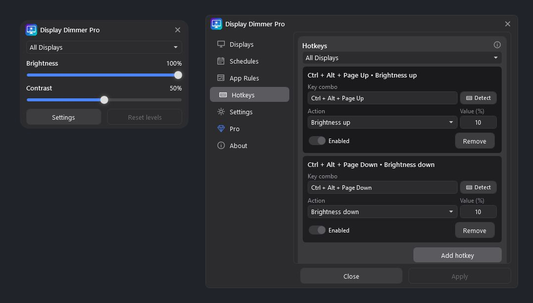 Display Dimmer 2.2.0 in Dark theme, with its main window and Hotkeys page showing the two default brightness shortcuts.