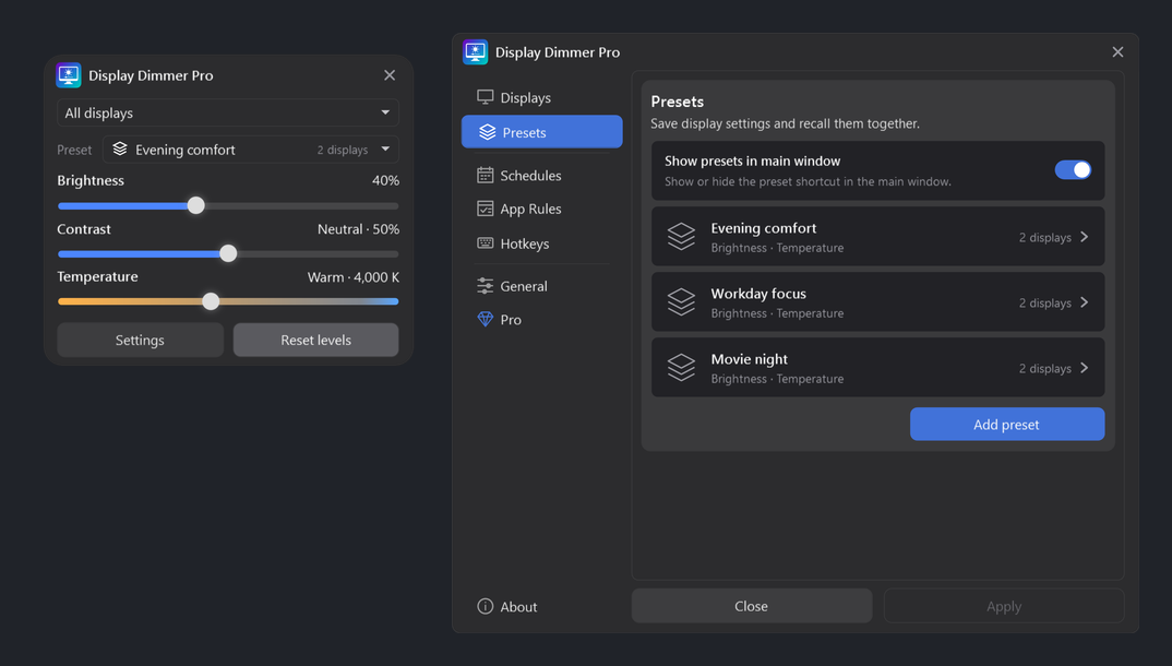 Display Dimmer 2.2.12 in Dark theme, showing the preset selector and Temperature slider in the main window, with saved display levels in the Presets tab.