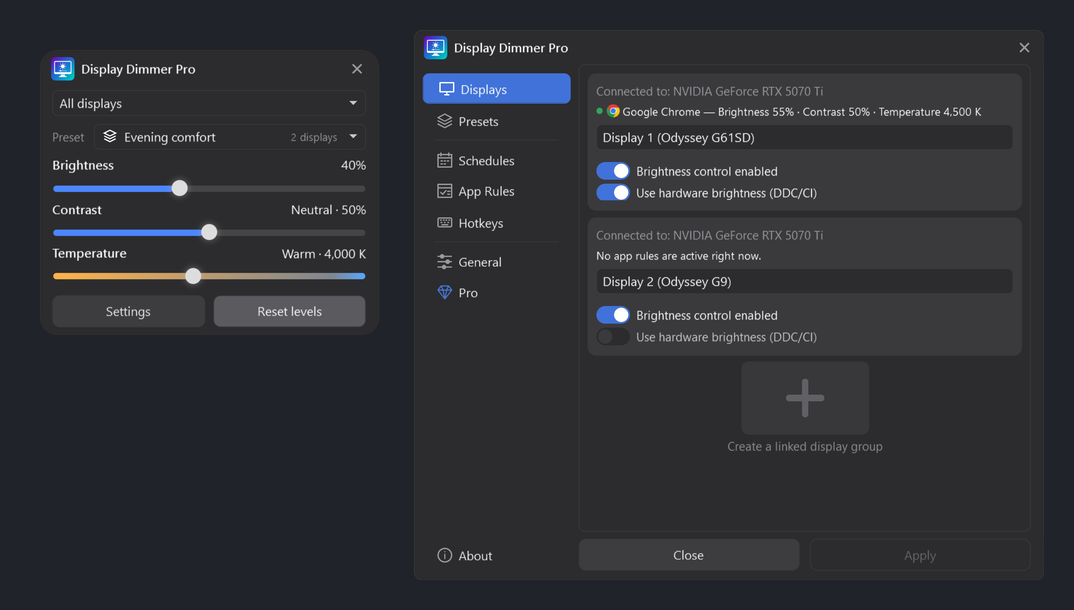 Display Dimmer 2.2.12 in Dark theme, with the optional preset selector in its main window and the Displays tab.