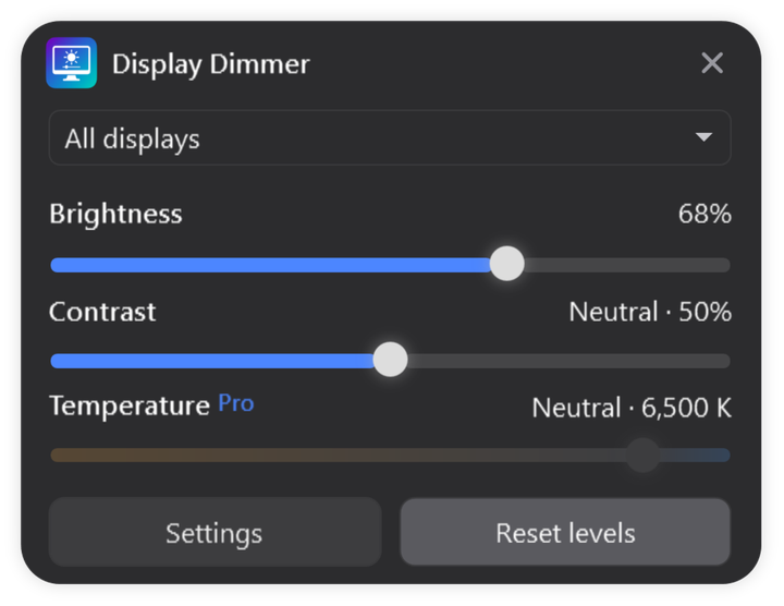 Display Dimmer main window showing Brightness, Contrast and the optional Pro Temperature control for Windows displays