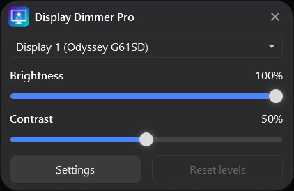 Display Dimmer showing one monitor with brightness and contrast controls