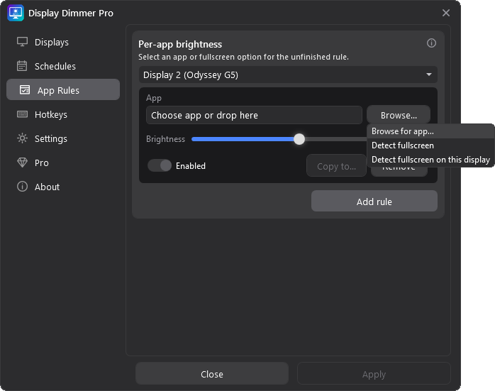 Display Dimmer Browse menu with app and fullscreen detection options.