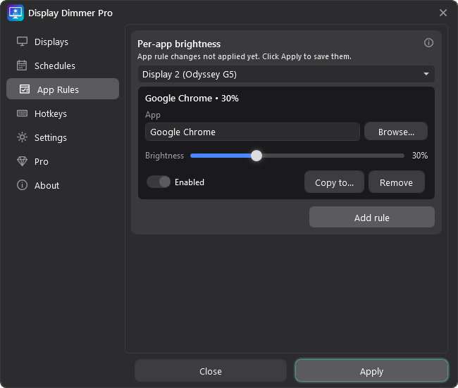 Display Dimmer App Rules tab with a completed Google Chrome brightness rule.