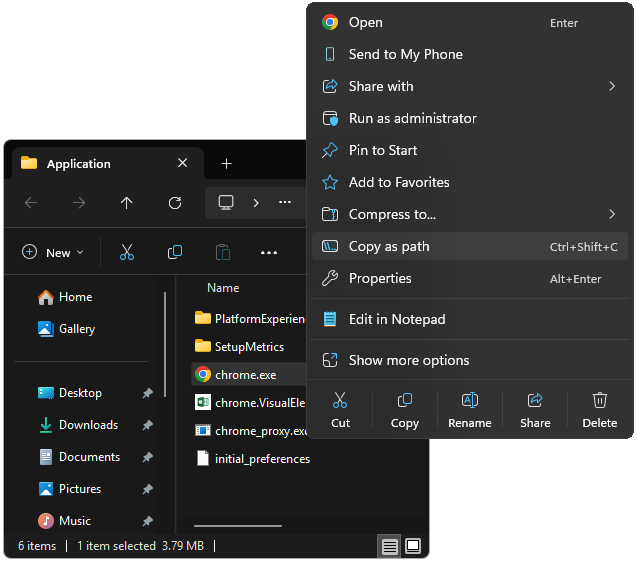 File Explorer context menu with Copy as path selected for chrome.exe.