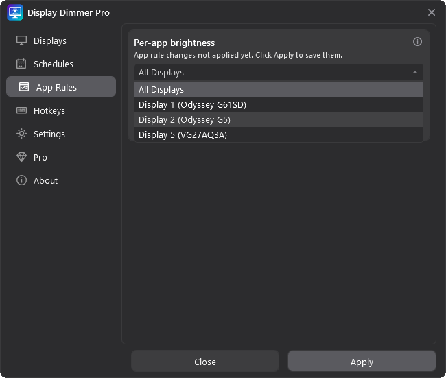 Display Dimmer display scope dropdown showing All Displays and individual display choices.