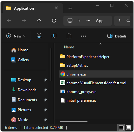 File Explorer showing the chrome.exe executable selected.