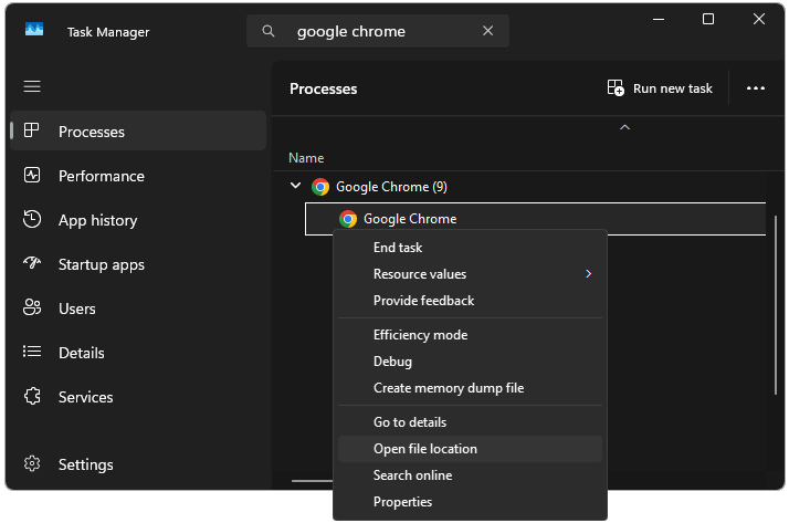 Task Manager context menu with Open file location selected for Google Chrome.