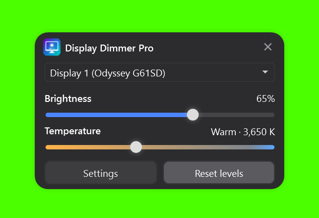 Display Dimmer Pro with Display 1 selected, Brightness at 65%, and Temperature showing Warm · 3,650 K.