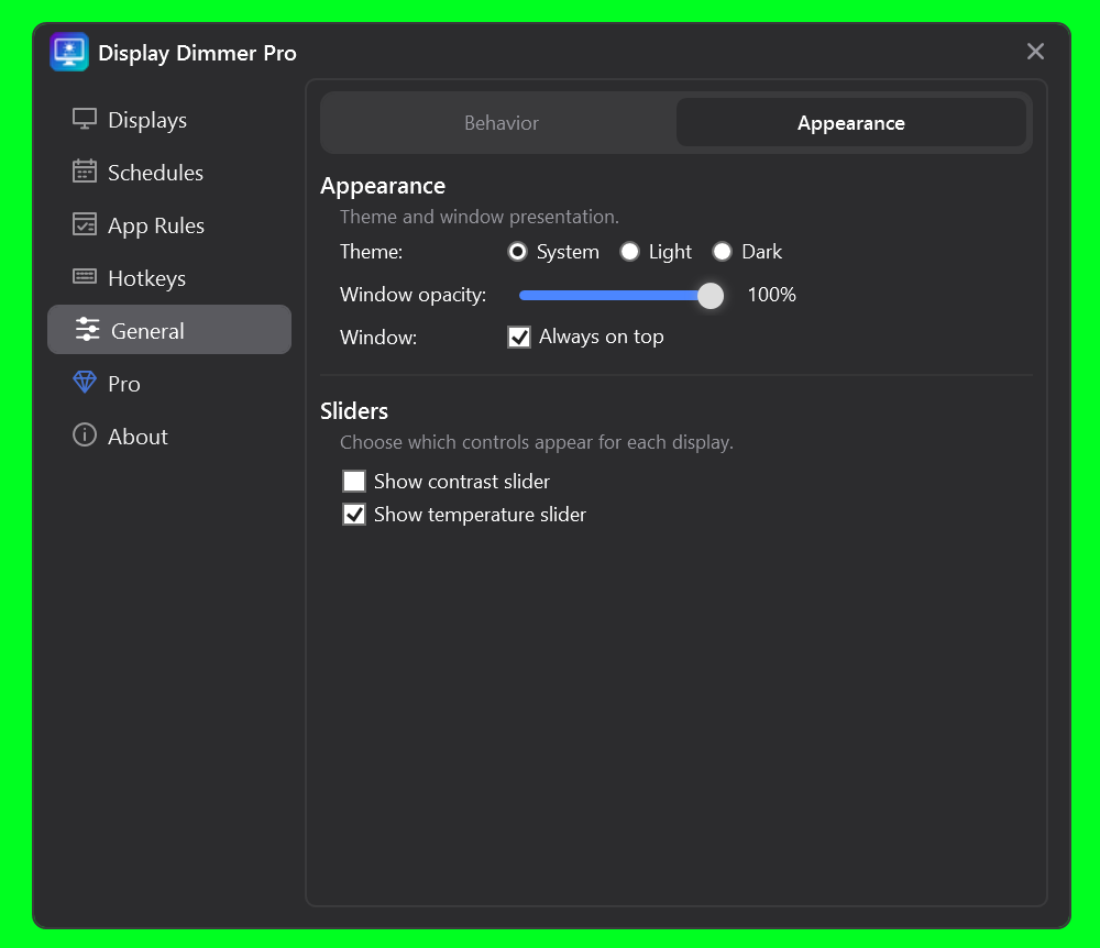 Display Dimmer Settings, General, Appearance: Show temperature slider is checked under Sliders.