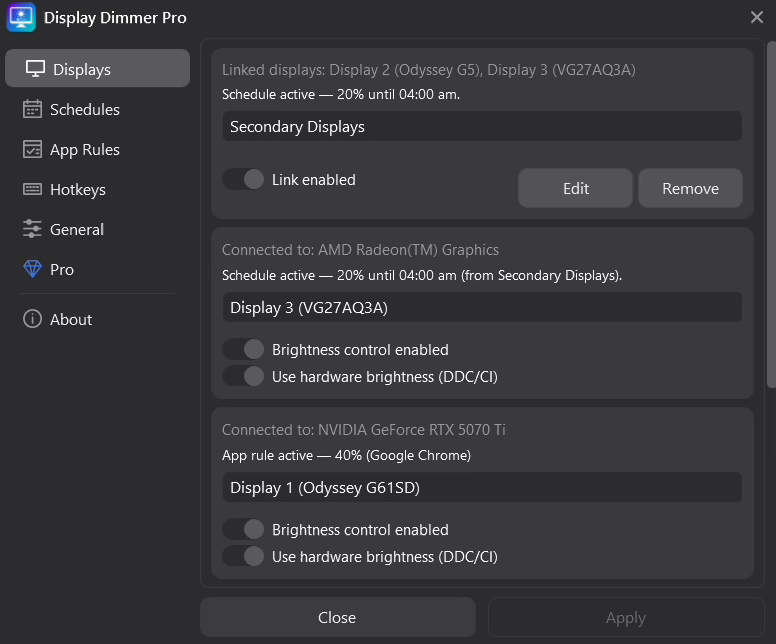 Display Dimmer 2.2.10 Displays settings focused on the Use hardware brightness DDC/CI switch