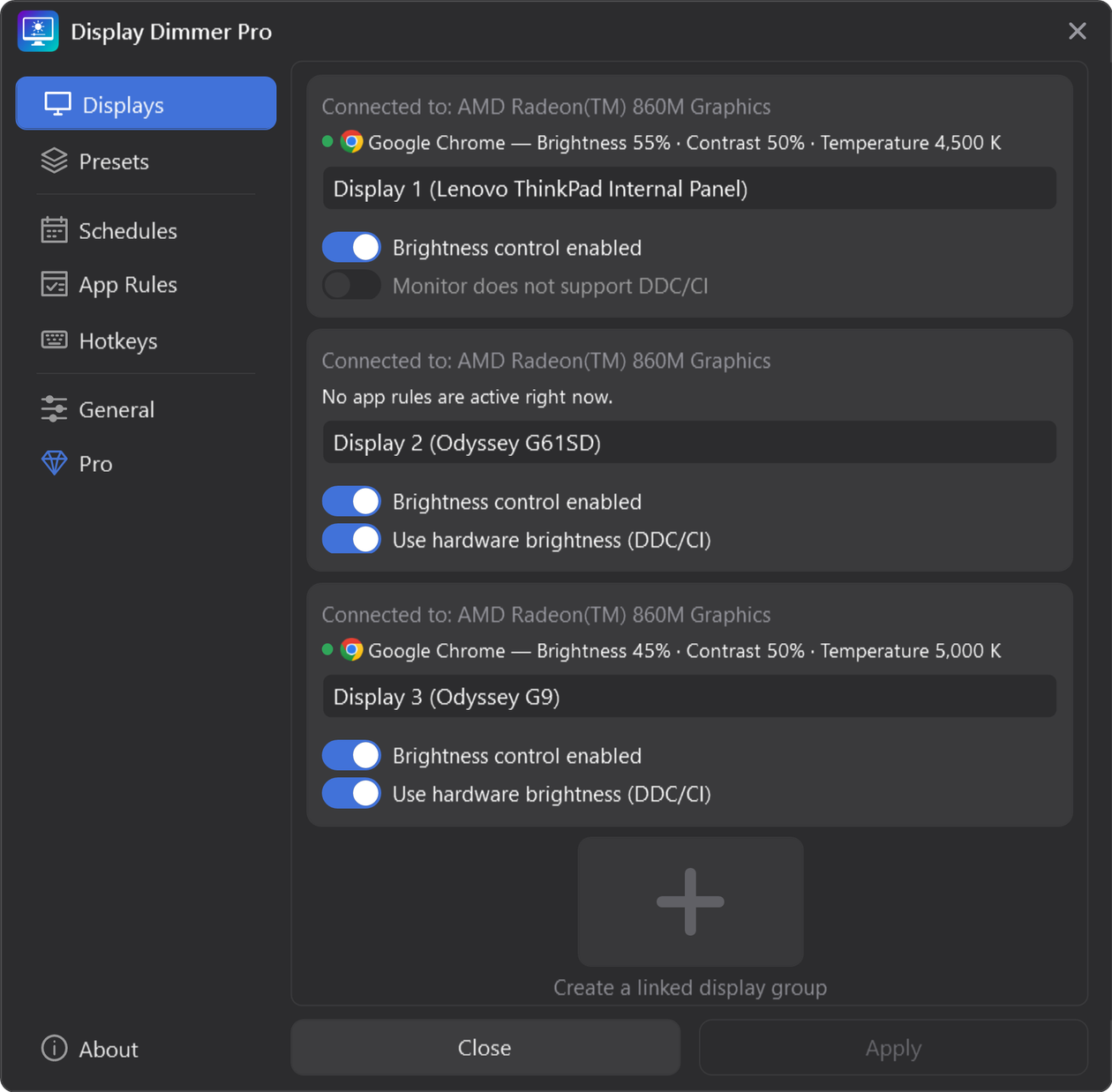 Display Dimmer Settings showing a Lenovo laptop screen and two external monitors, with hardware brightness controls for each display