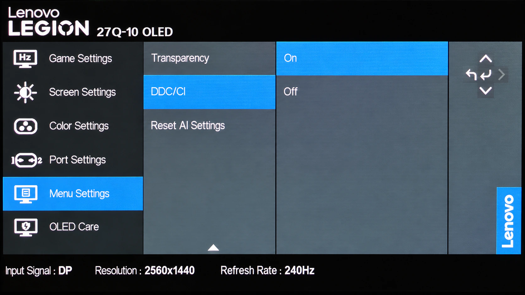 Lenovo Legion 27Q-10 OLED monitor menu with DDC/CI set to On under Menu Settings