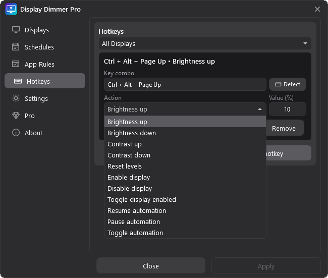 Display Dimmer Hotkeys action dropdown showing brightness, contrast, reset, display, and automation actions.