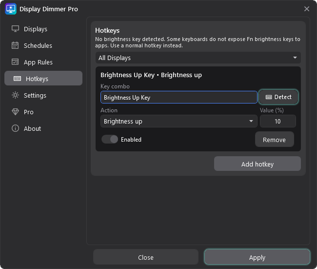 Display Dimmer hotkey editor detecting the physical Brightness Up Key.
