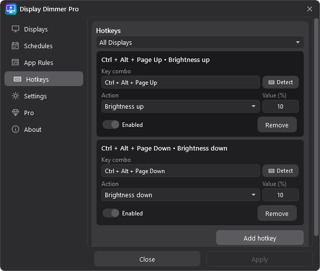 Display Dimmer Hotkeys tab showing the default All Displays brightness up and brightness down hotkeys.