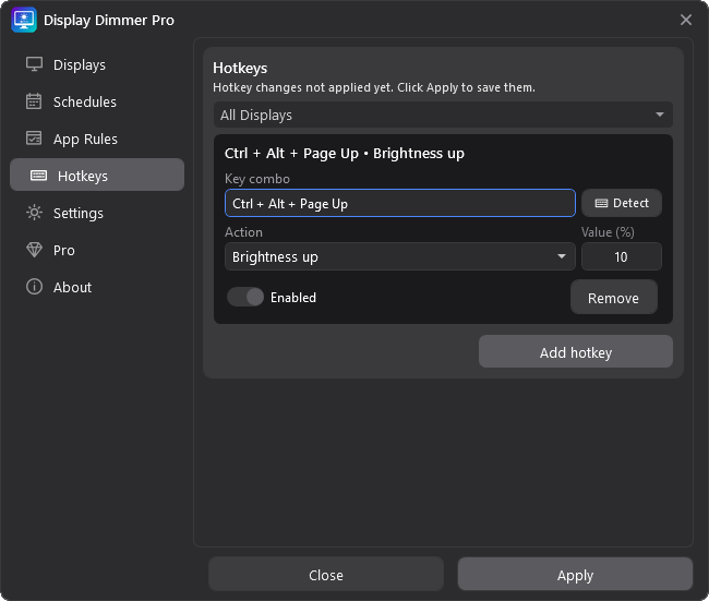 Display Dimmer hotkey editor with the Ctrl Alt Page Up shortcut selected.