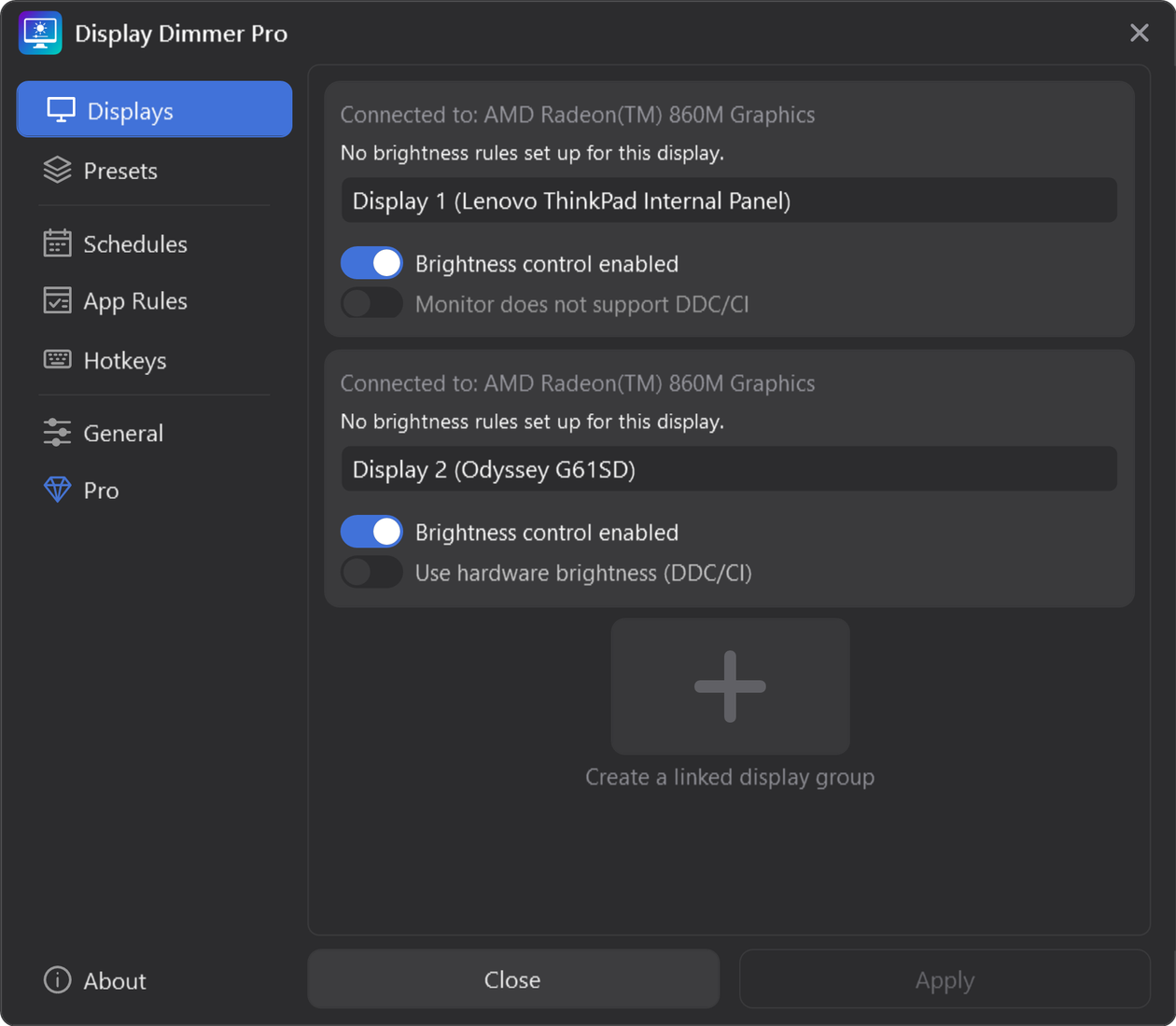 Display Dimmer 2.2.12 Displays settings with Brightness control enabled for the built-in Lenovo ThinkPad panel, selecting software dimming; the unsupported DDC/CI option is disabled