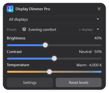 Display Dimmer 2.2.12 main window with Evening comfort selected in the preset selector for two displays, brightness 40%, contrast 50% and warm 4,000 K color temperature.