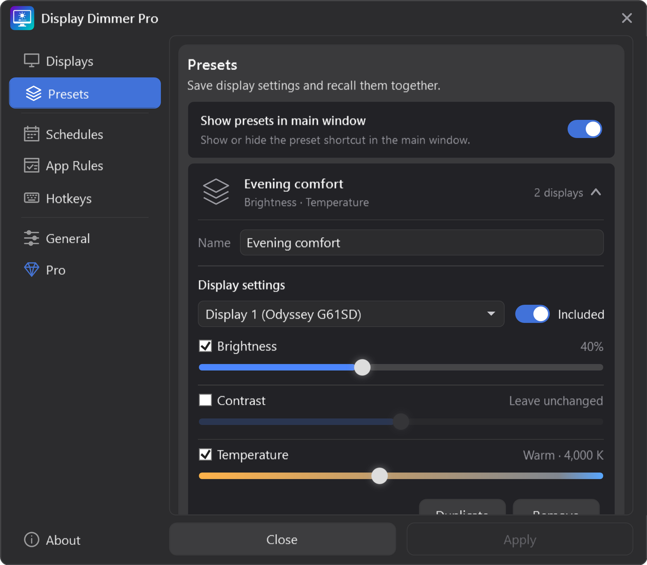 Display Dimmer Settings with the Evening comfort preset open: brightness at 40%, contrast unchanged and temperature at 4,000 K