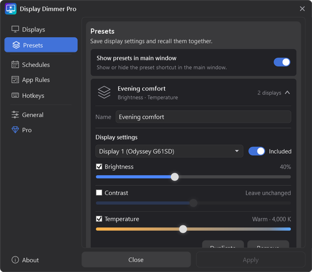 Evening comfort preset open in Display Dimmer Pro’s compact Settings window, with the display selection and saved levels.