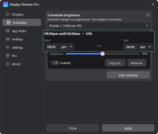 Focused overnight Display Dimmer schedule showing 08:00pm until 06:00am.