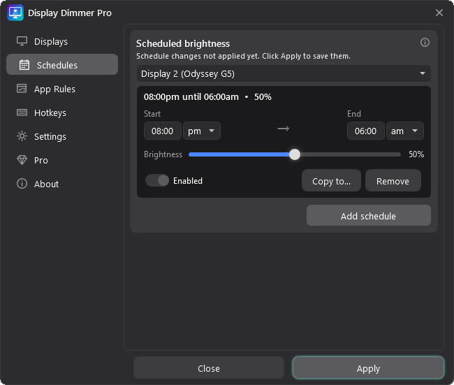 Display Dimmer schedule editor showing an overnight schedule from 08:00pm until 06:00am.