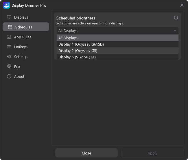 Display Dimmer Schedules tab with the display scope dropdown open.