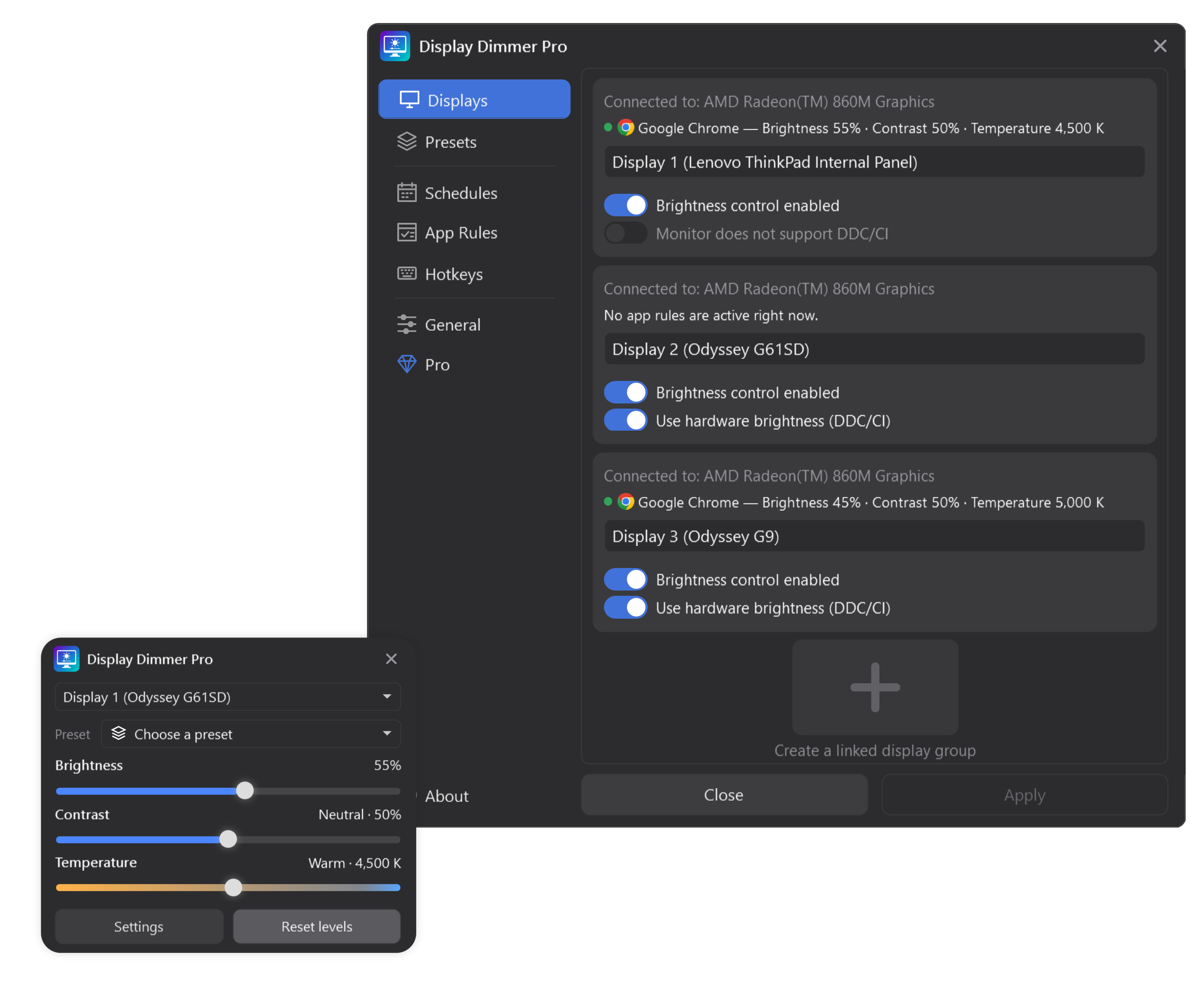 Display Dimmer screenshot showing a selected monitor and Brightness slider in the main window beside separate control settings for multiple displays